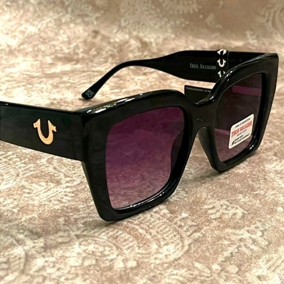Brand New True Religion Chunky Shiny Black Square Frame Sunglasses Purple Lens - Picture 2 of 15